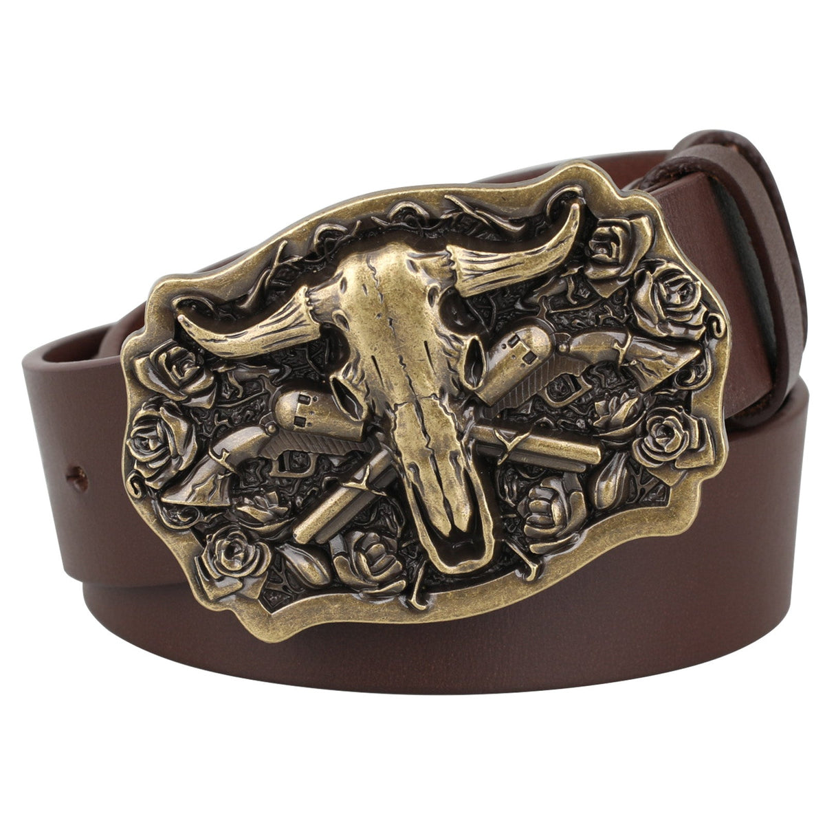 Western Belt with Antique Gold Bull Skull Buckle - CowderryWestern BeltsRose Skull