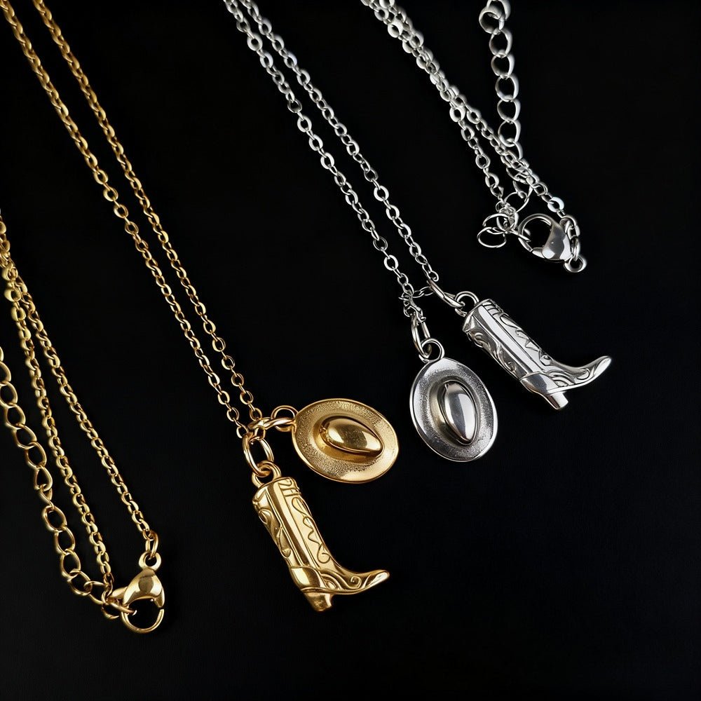 Western Boot and Hat Country Cowgirl Necklace - CowderryNecklacesGold