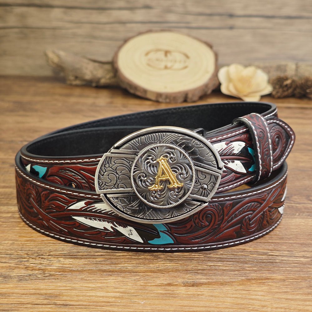 Western Brown Feather Belt with A–Z Initial Letter Buckle - CowderryBeltsA