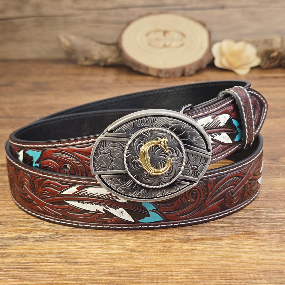 Western Brown Feather Belt with A–Z Initial Letter Buckle - CowderryBeltsC