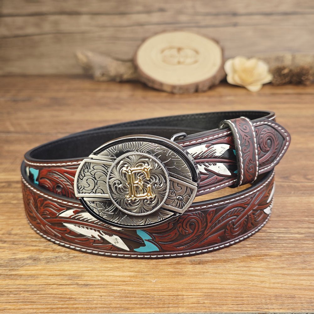 Western Brown Feather Belt with A–Z Initial Letter Buckle - CowderryBeltsE