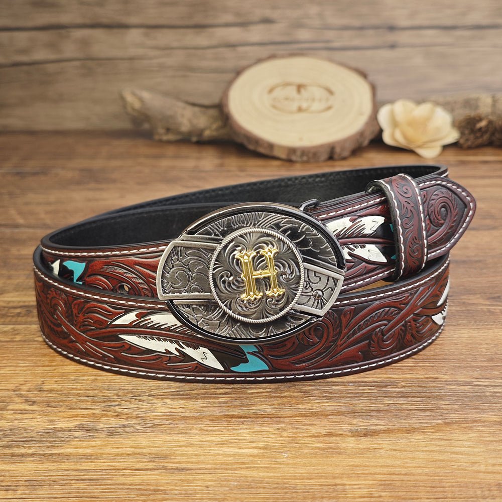 Western Brown Feather Belt with A–Z Initial Letter Buckle - CowderryBeltsH
