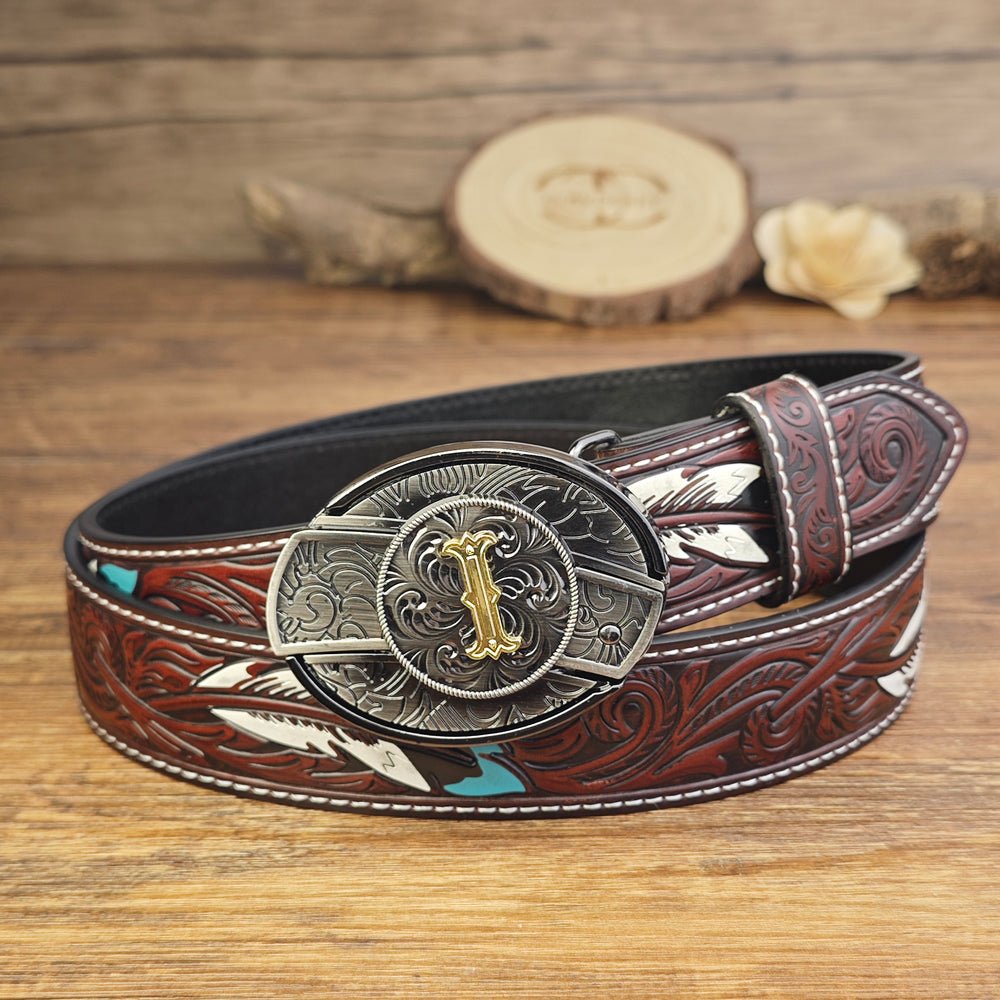 Western Brown Feather Belt with A–Z Initial Letter Buckle - CowderryBeltsI