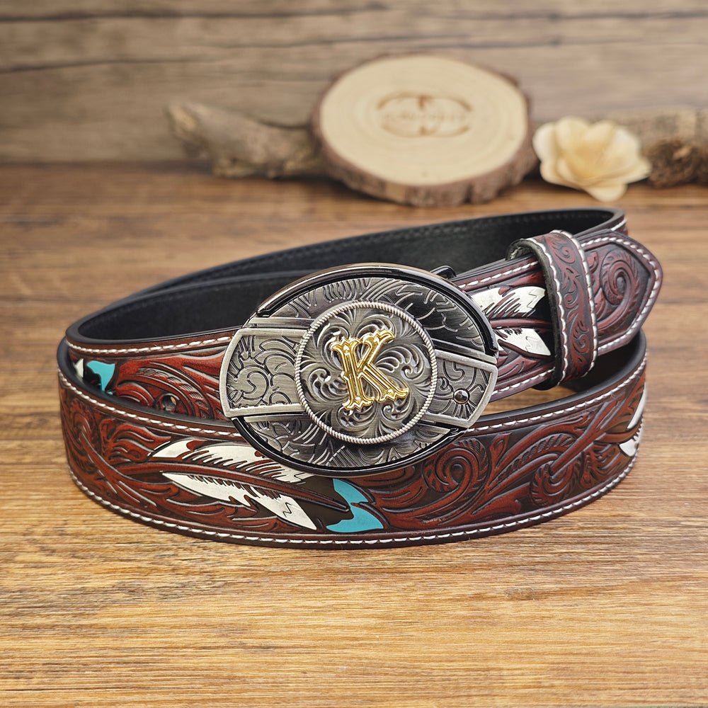 Western Brown Feather Belt with A–Z Initial Letter Buckle - CowderryBeltsK