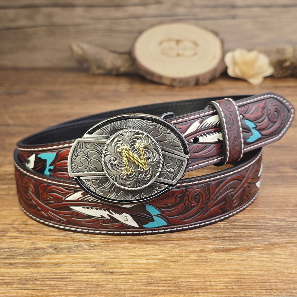 Western Brown Feather Belt with A–Z Initial Letter Buckle - CowderryBeltsN