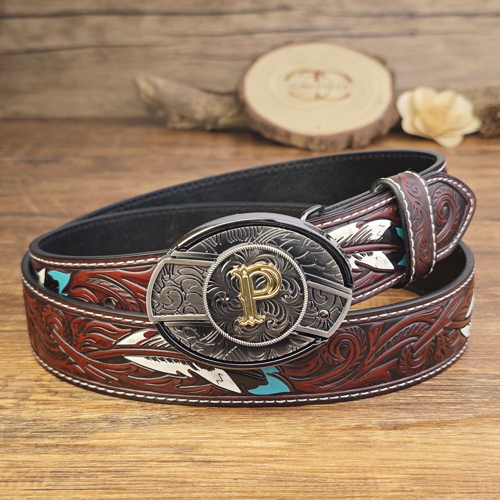 Western Brown Feather Belt with A–Z Initial Letter Buckle - CowderryBeltsP