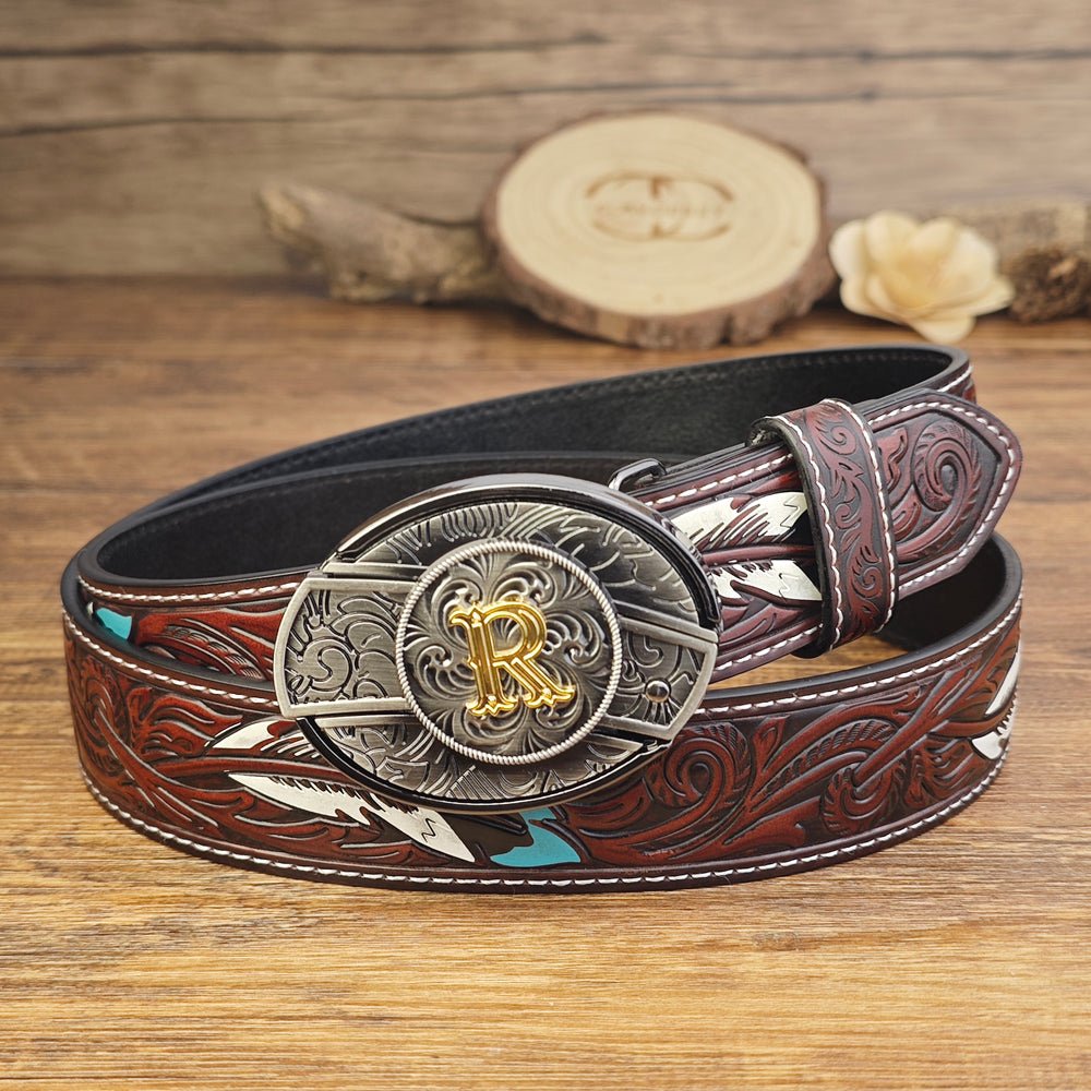 Western Brown Feather Belt with A–Z Initial Letter Buckle - CowderryBeltsR