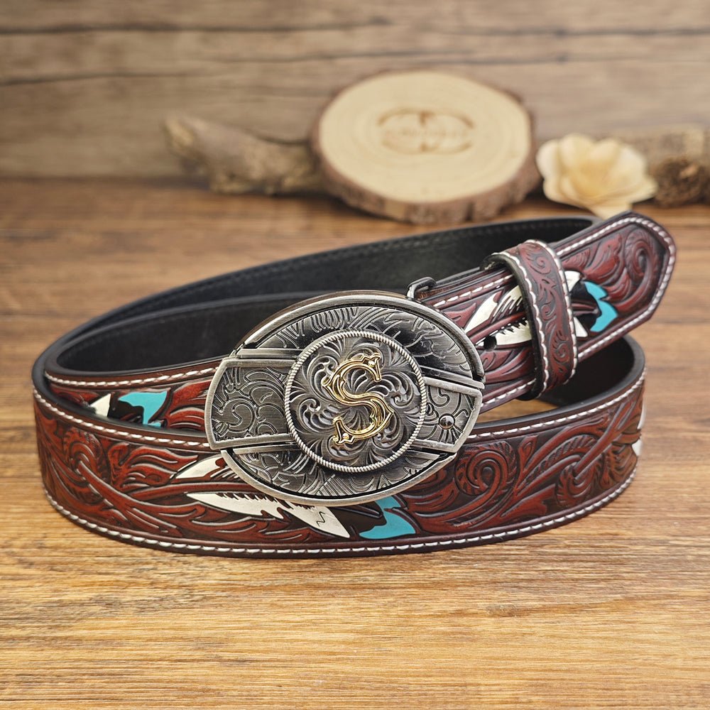 Western Brown Feather Belt with A–Z Initial Letter Buckle - CowderryBeltsS