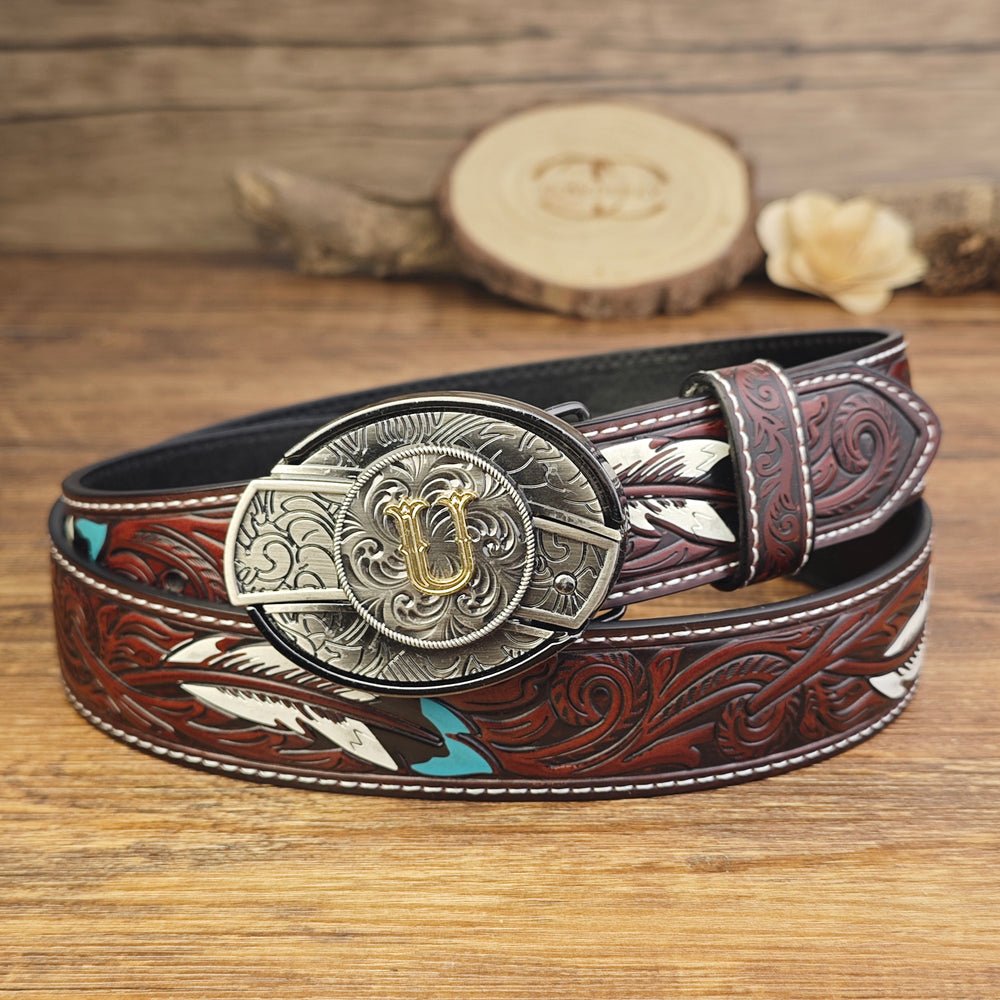 Western Brown Feather Belt with A–Z Initial Letter Buckle - CowderryBeltsU