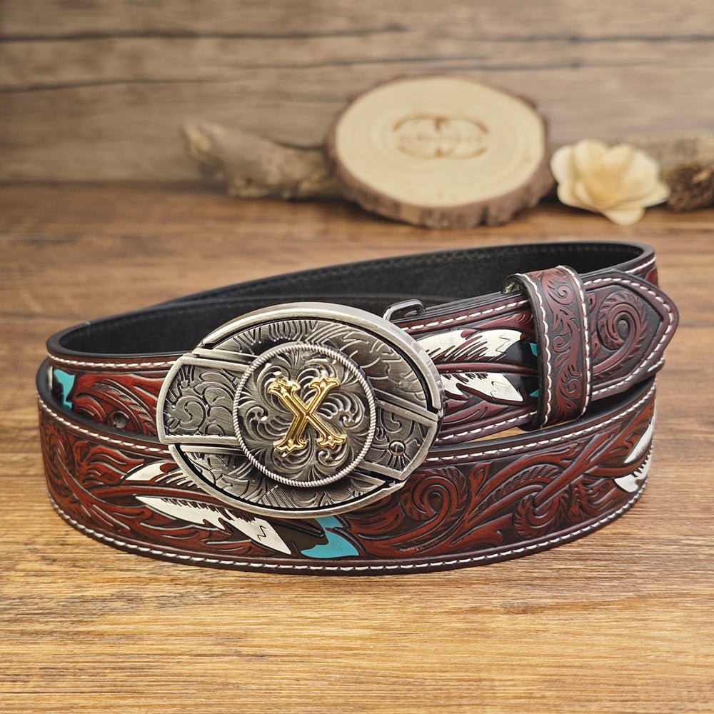 Western Brown Feather Belt with A–Z Initial Letter Buckle - CowderryBeltsX
