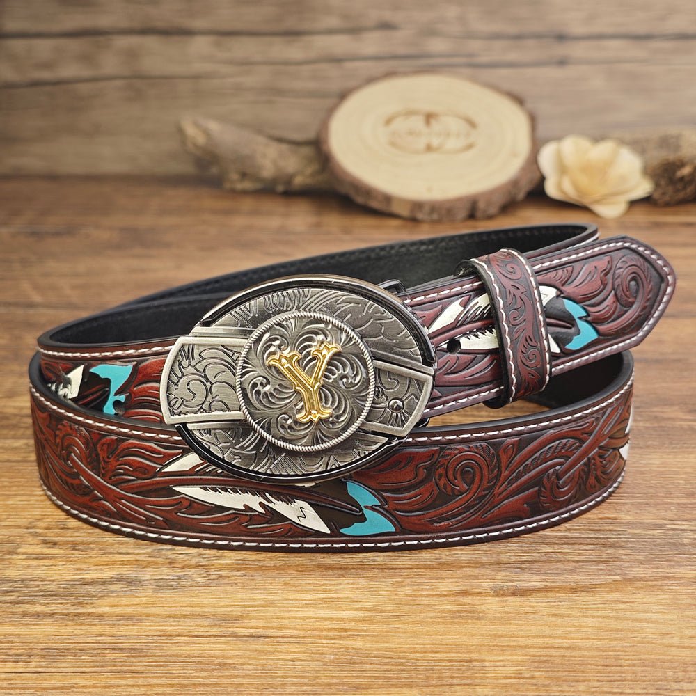 Western Brown Feather Belt with A–Z Initial Letter Buckle - CowderryBeltsY