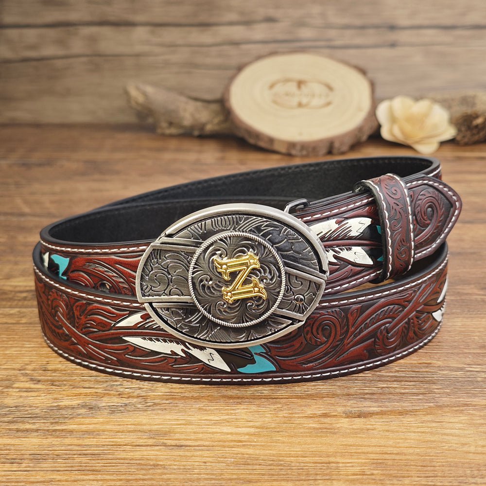 Western Brown Feather Belt with A–Z Initial Letter Buckle - CowderryBeltsZ