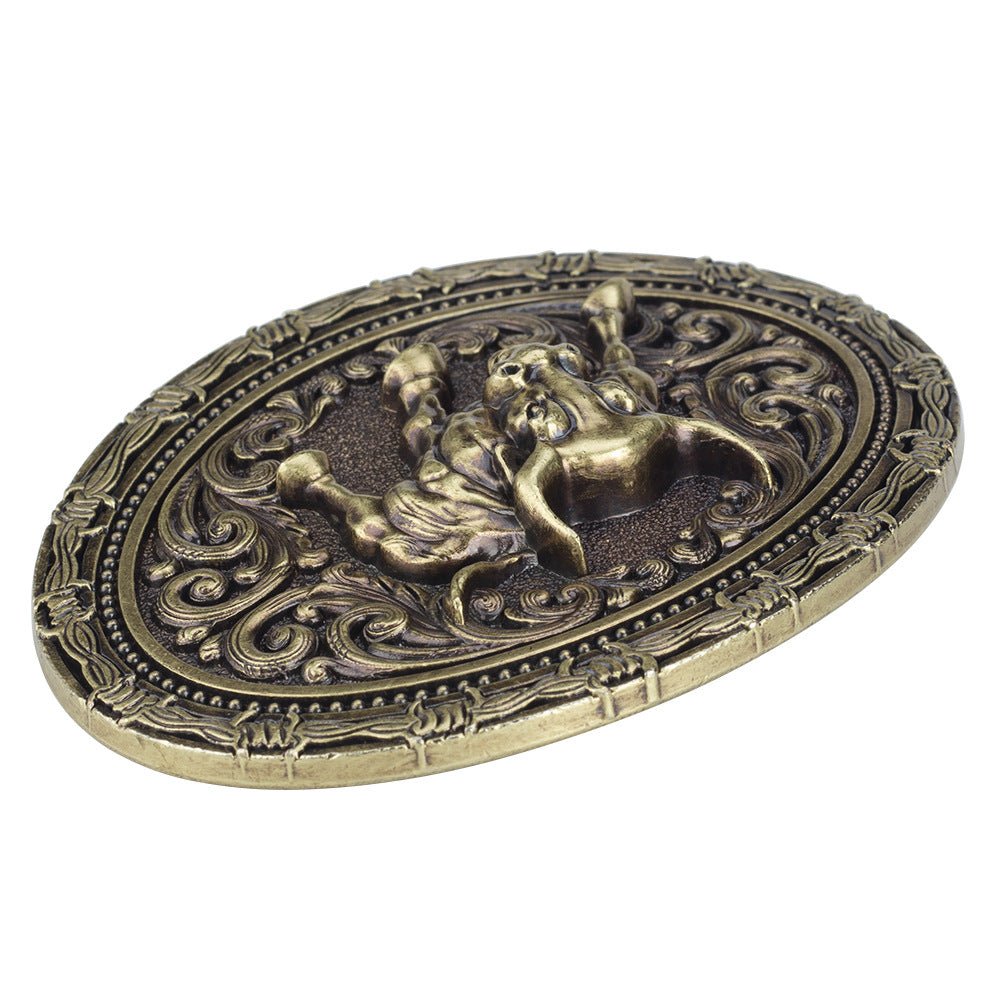 Western Charging Bull Belt Buckle Antique Bronze Oval Floral Scroll Rodeo Cowboy - Cowderry
