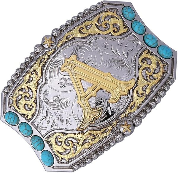 Western Cowboy Belt Turquoise Stones A-Z Initial Buckle - CowderryBeltsA