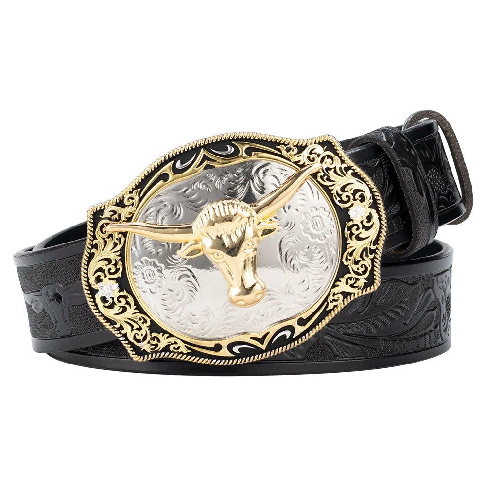 Western Cowboy Longhorn Belt with Gold Buckle - CowderryBeltsBlack