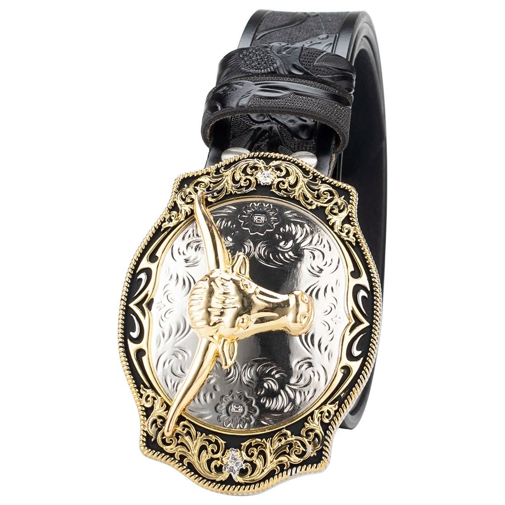 Western Cowboy Longhorn Belt with Gold Buckle - CowderryBeltsBlack