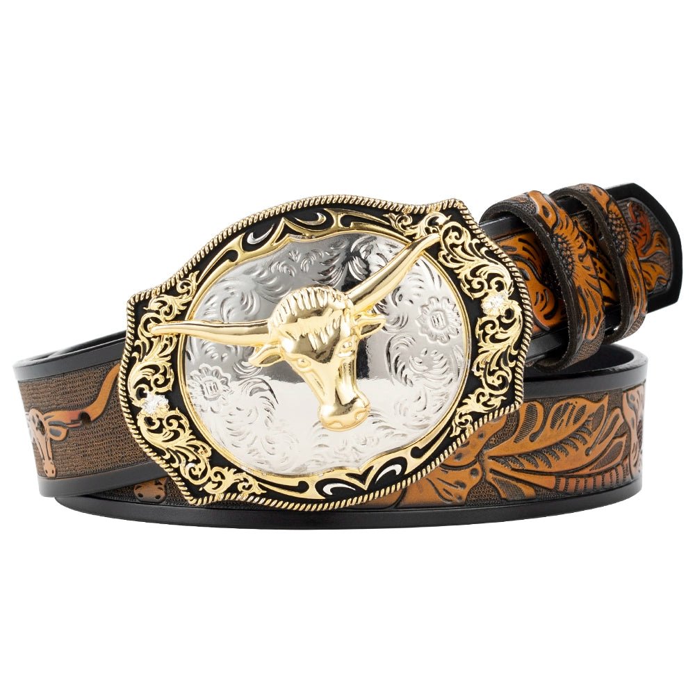 Western Cowboy Longhorn Belt with Gold Buckle - CowderryBeltsBrown and Black
