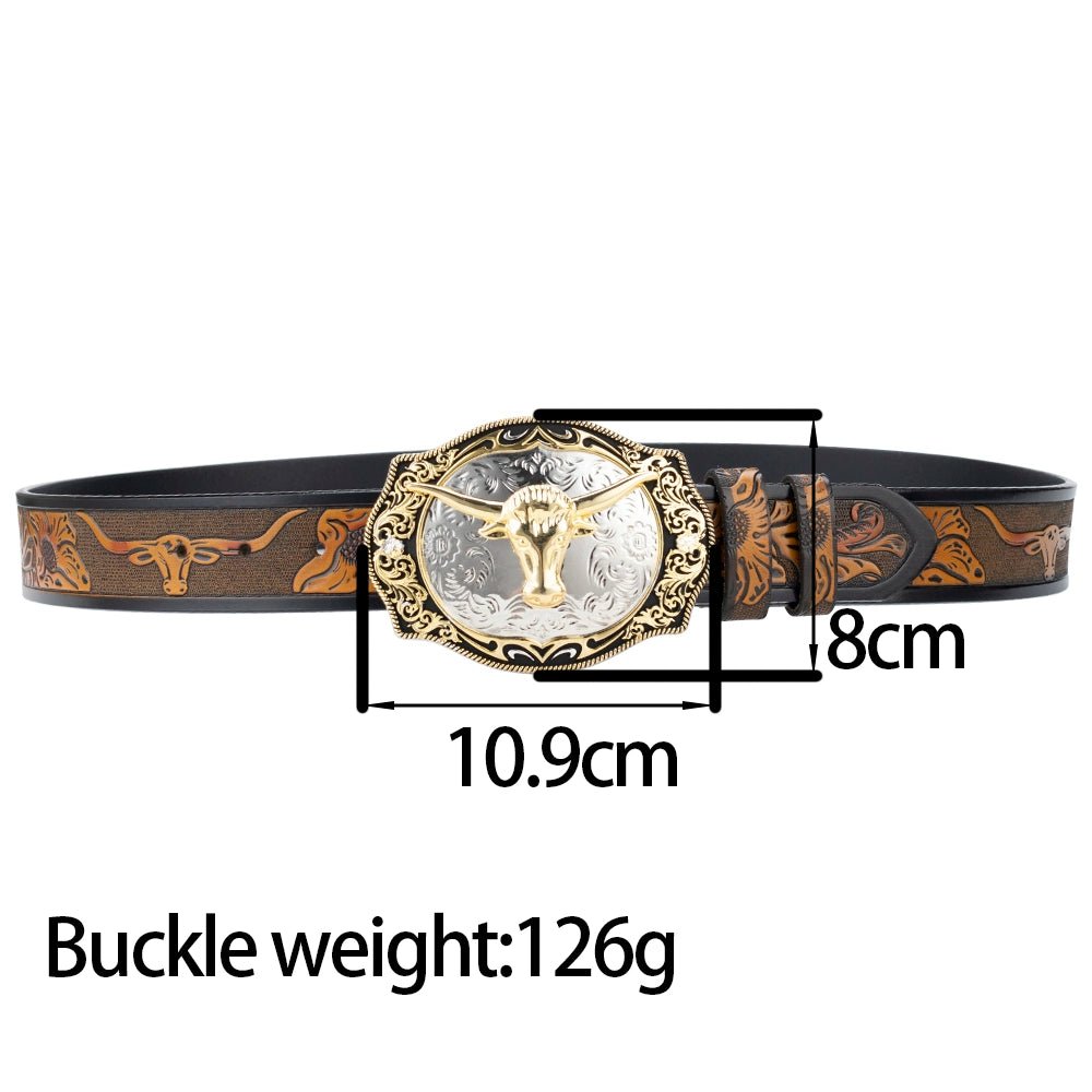 Western Cowboy Longhorn Belt with Gold Buckle - CowderryBeltsBrown and Black