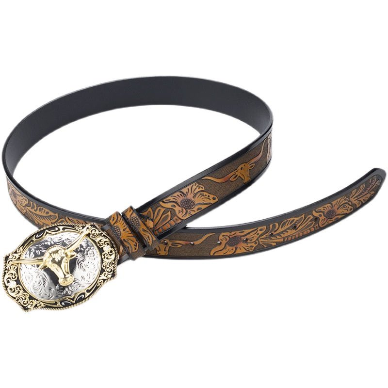 Western Cowboy Longhorn Belt with Gold Buckle - CowderryBeltsBrown and Black