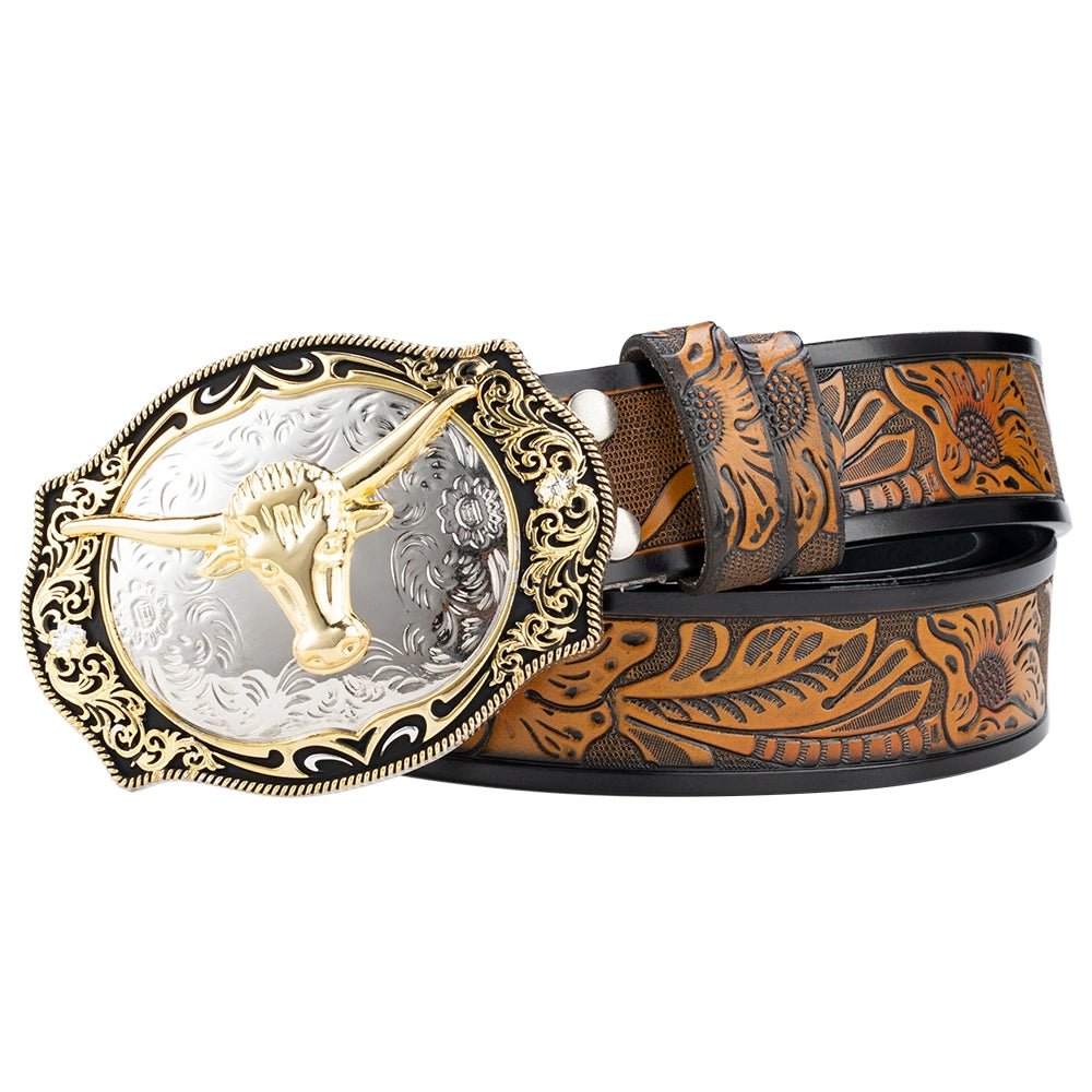 Western Cowboy Longhorn Belt with Gold Buckle - CowderryBeltsBrown and Black