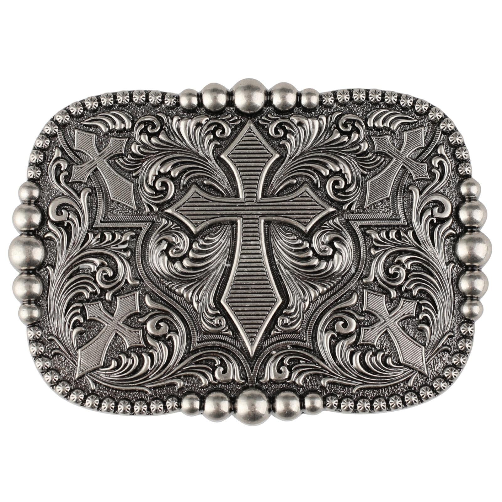 Western Cross Belt Buckle Antique Silver Floral Scroll Christian - CowderryBelt BucklesStyle B