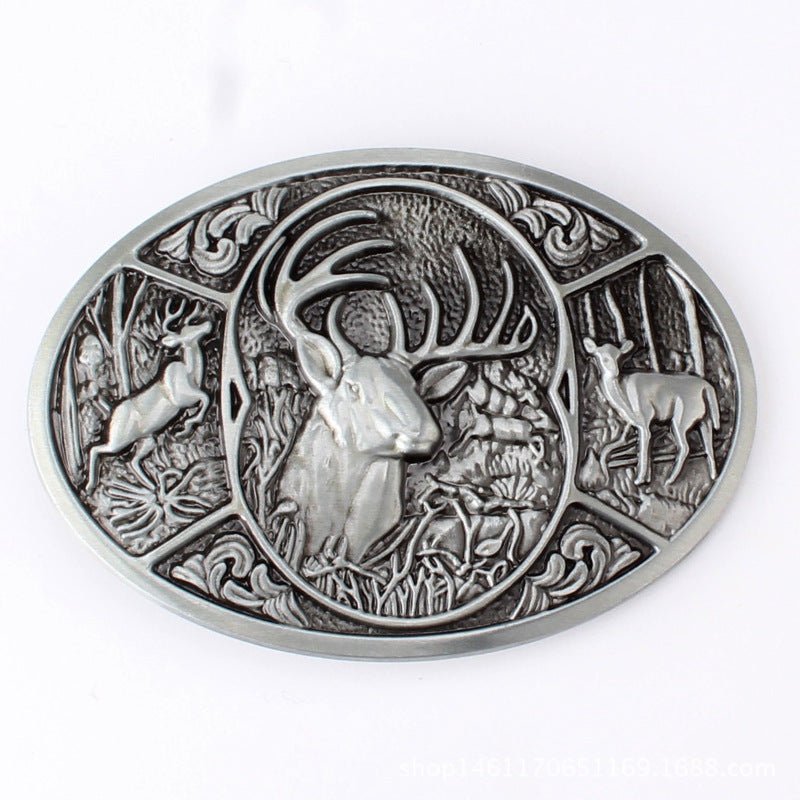 Western Deer Buck Belt Buckle Oval Hunting Wildlife Outdoors - CowderryBelt BucklesAntique Silver