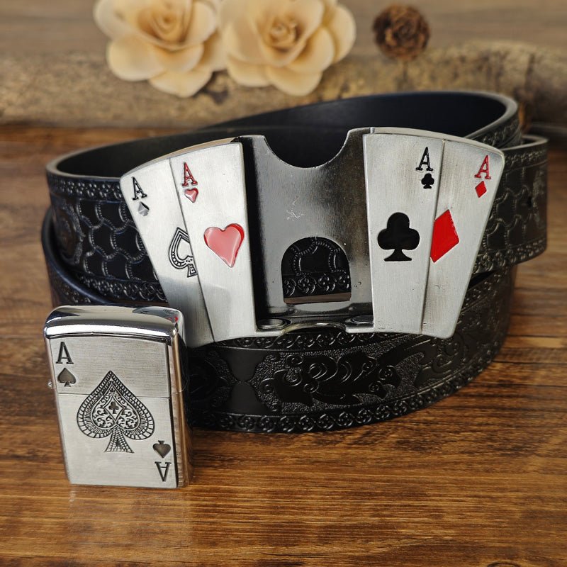 Western Embossed Black Belt with Concealed Lighter - CowderryBelts4 Aces