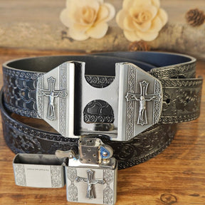 Western Embossed Black Belt with Concealed Lighter - CowderryBeltsCross