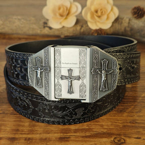 Western Embossed Black Belt with Concealed Lighter - CowderryBeltsCross