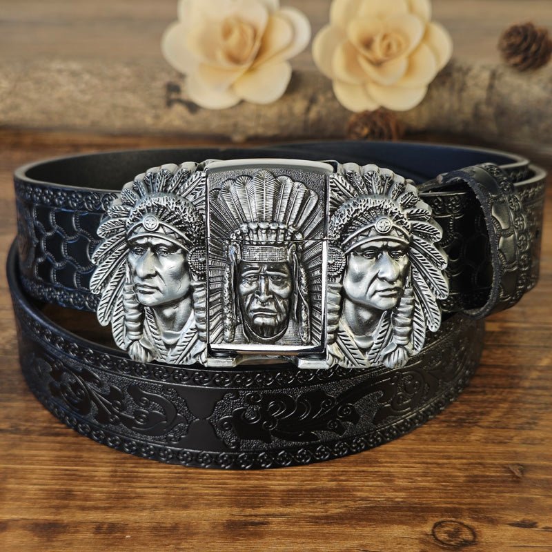 Western Embossed Black Belt with Concealed Lighter - CowderryBeltsNative American