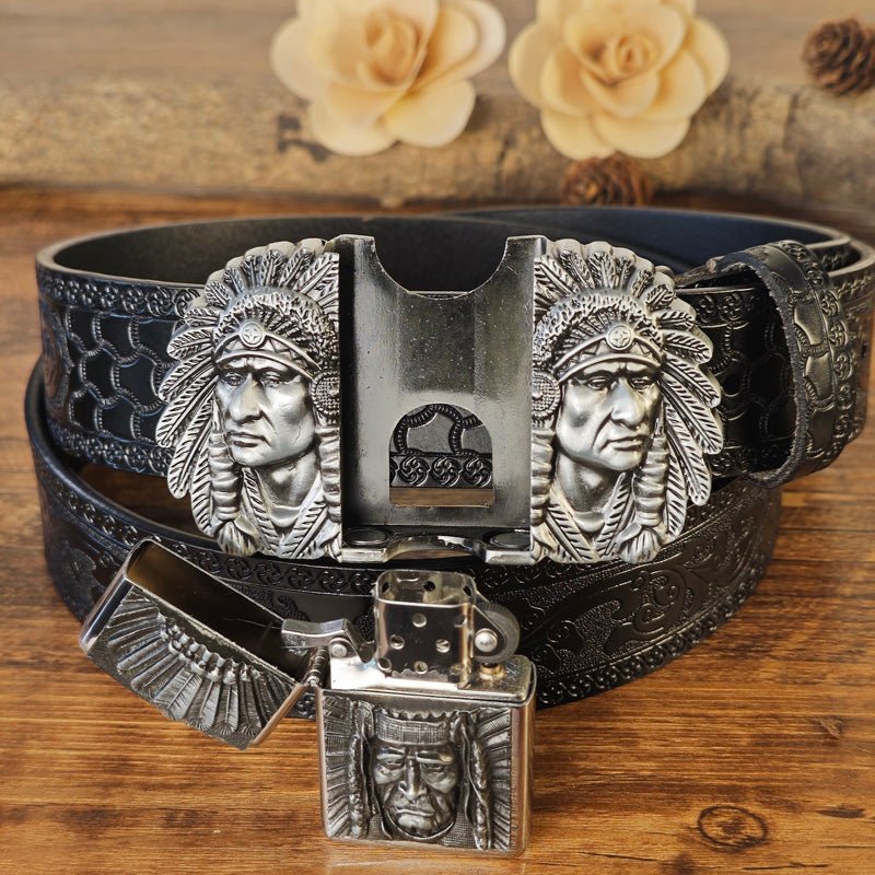 Western Embossed Black Belt with Concealed Lighter - CowderryBeltsNative American