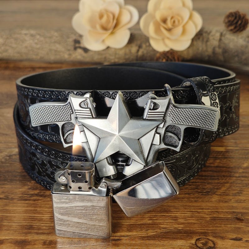 Western Embossed Black Belt with Concealed Lighter - CowderryBeltsPistol Shape