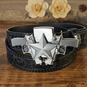 Western Embossed Black Belt with Concealed Lighter - CowderryBeltsPistol Shape