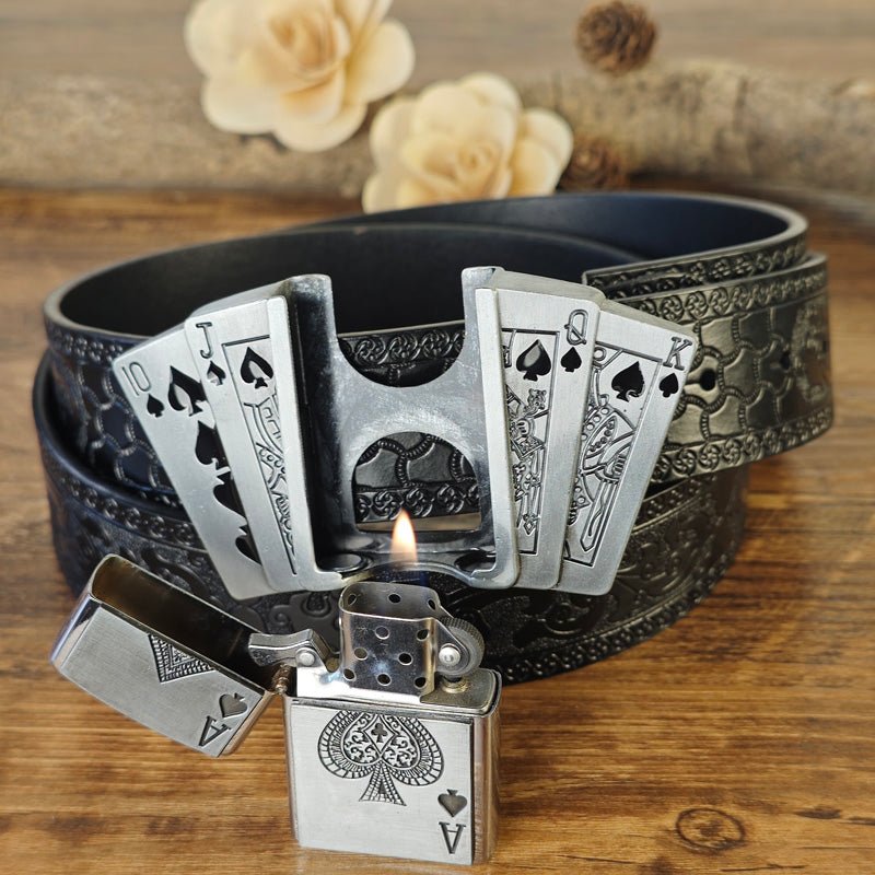 cigarette lighter belt buckle Poker Royal Flush w/Heavy Duty 100% Vegan Leather Snap Button Belt (Small) at Amazon Women's Clothing store This belt seamlessly integrates the iconic imagery of Black 10 Western Embossed Black Belt with