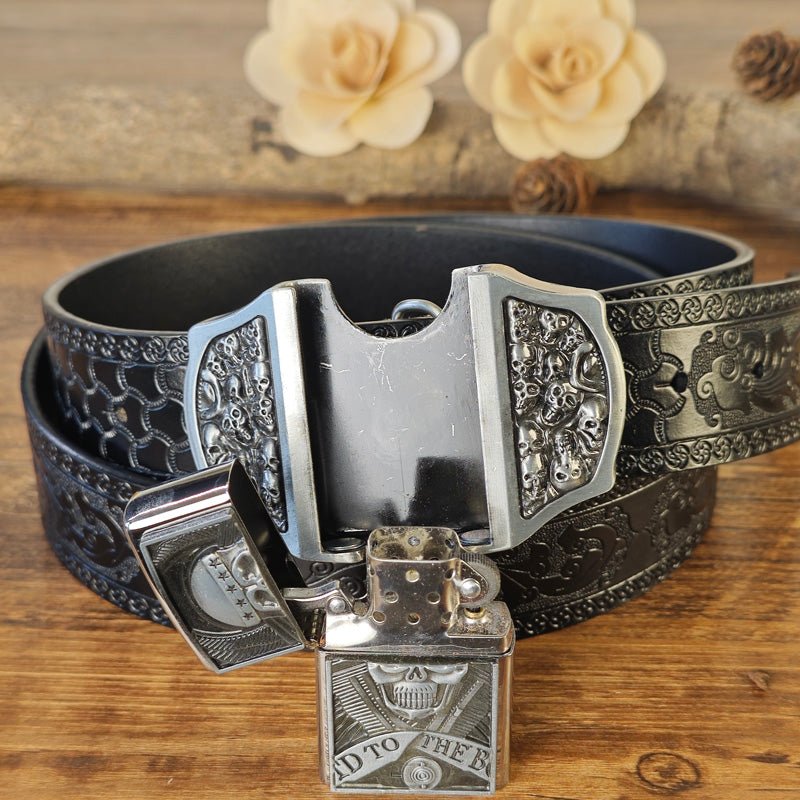 Western Embossed Black Belt with Concealed Lighter - CowderryBeltsSkull