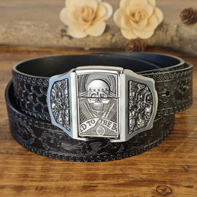 Western Embossed Black Belt with Concealed Lighter - CowderryBeltsSkull