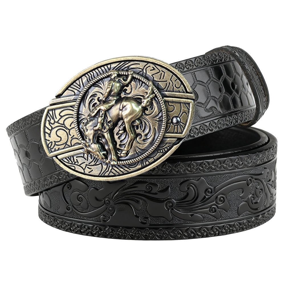 Western Embossed Black Leather Belt with Antique Brass Rodeo Buckle - CowderryBeltsBronc Rider