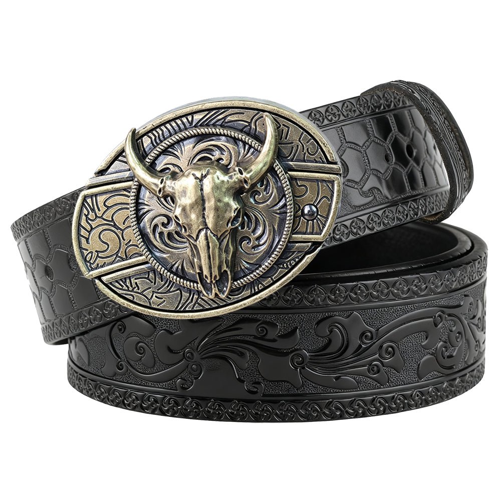 Western Embossed Black Leather Belt with Antique Brass Rodeo Buckle - CowderryBeltsBull Skull