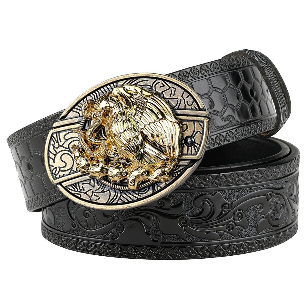 Western Embossed Black Leather Belt with Antique Brass Rodeo Buckle - CowderryBeltsEagle & Serpent