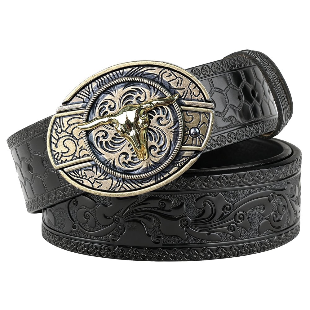 Western Embossed Black Leather Belt with Antique Brass Rodeo Buckle - CowderryBeltsGold Bull Skull
