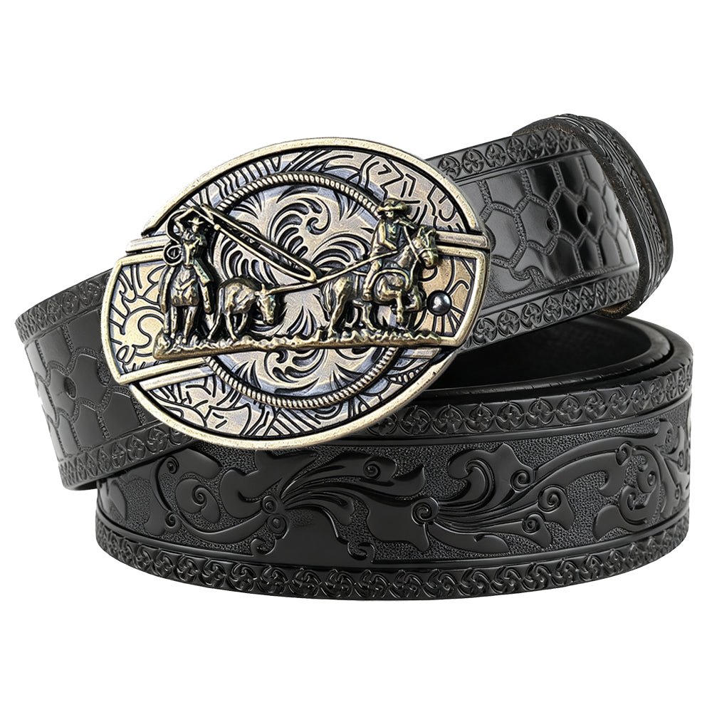 Western Embossed Black Leather Belt with Antique Brass Rodeo Buckle - CowderryBeltsTeam Roper