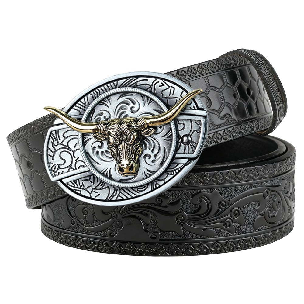 Western Embossed Black Leather Belt with Antique Silver Cowboy Buckle - CowderryBeltsGold Longhorn