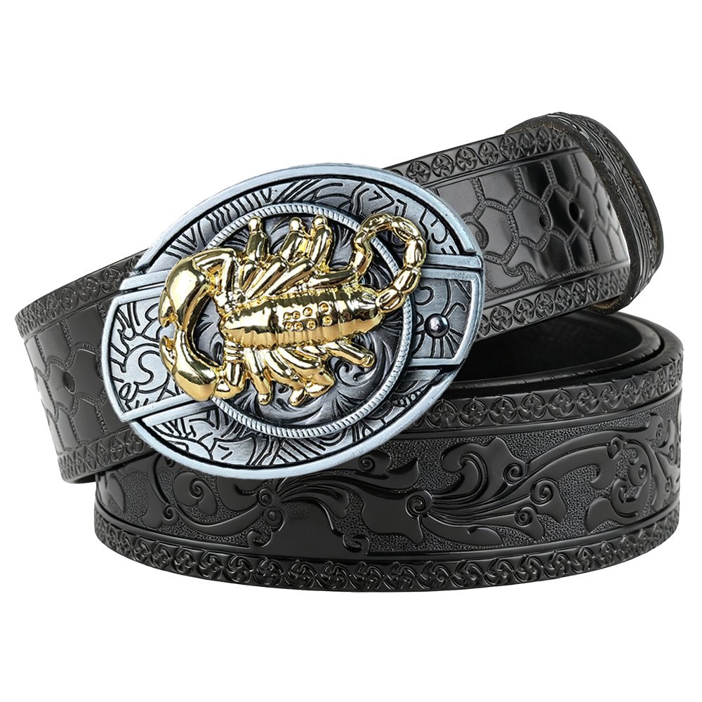 Western Embossed Black Leather Belt with Antique Silver Cowboy Buckle - CowderryBeltsGold Scorpion