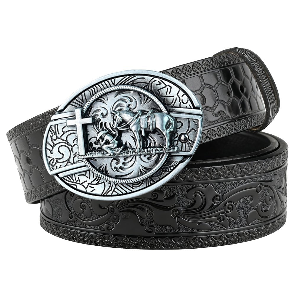 Western Embossed Black Leather Belt with Antique Silver Cowboy Buckle - CowderryBeltsPraying