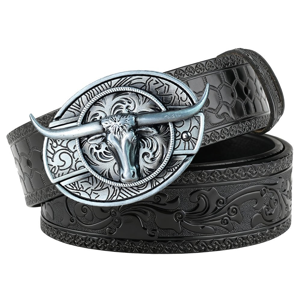 Western Embossed Black Leather Belt with Antique Silver Cowboy Buckle - CowderryBeltsSilver Longhorn