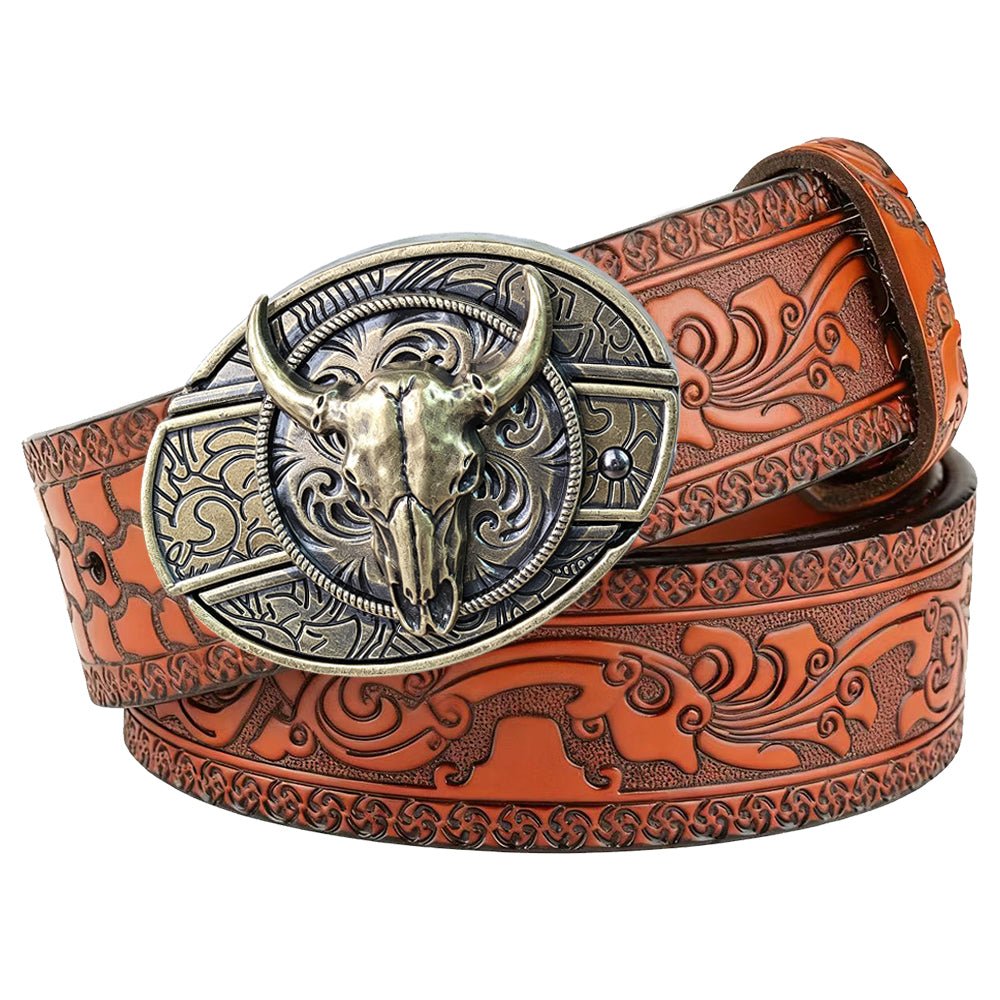 Western Embossed Brown Leather Belt with Antique Brass Rodeo Buckle - CowderryBeltsBull Skull