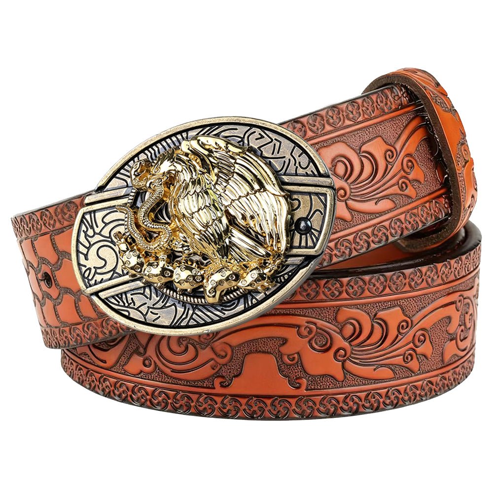 Western Embossed Brown Leather Belt with Antique Brass Rodeo Buckle - CowderryBeltsEagle & Serpent