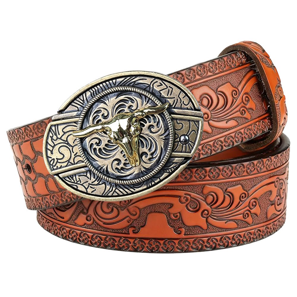 Western Embossed Brown Leather Belt with Antique Brass Rodeo Buckle - CowderryBeltsGold Bull Skull