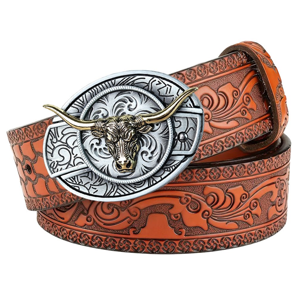 Western Embossed Brown Leather Belt with Antique Silver Cowboy Buckle - CowderryBeltsGold Longhorn