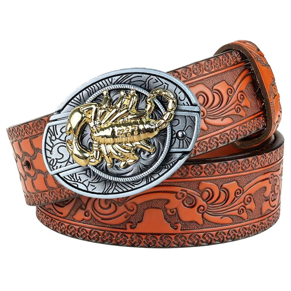 Western Embossed Brown Leather Belt with Antique Silver Cowboy Buckle - CowderryBeltsGold Scorpion
